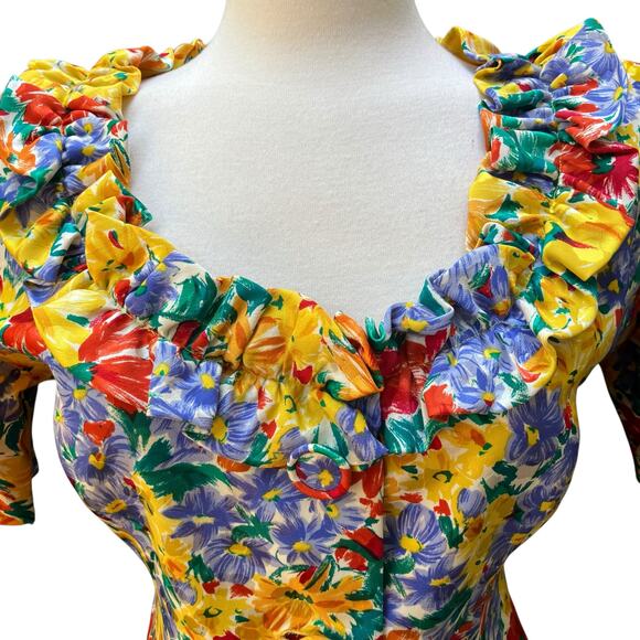 VTG Oscar de la Renta Studio Silk Blouse Top Jacket Small Floral Button Ruffles - Picture 4 of 14